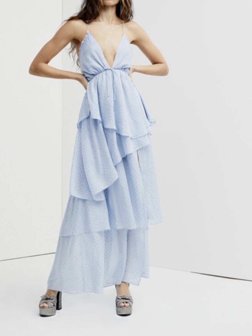 For Love & Lemons Chantal Maxi Dress Chiffon Metallic Tiered
